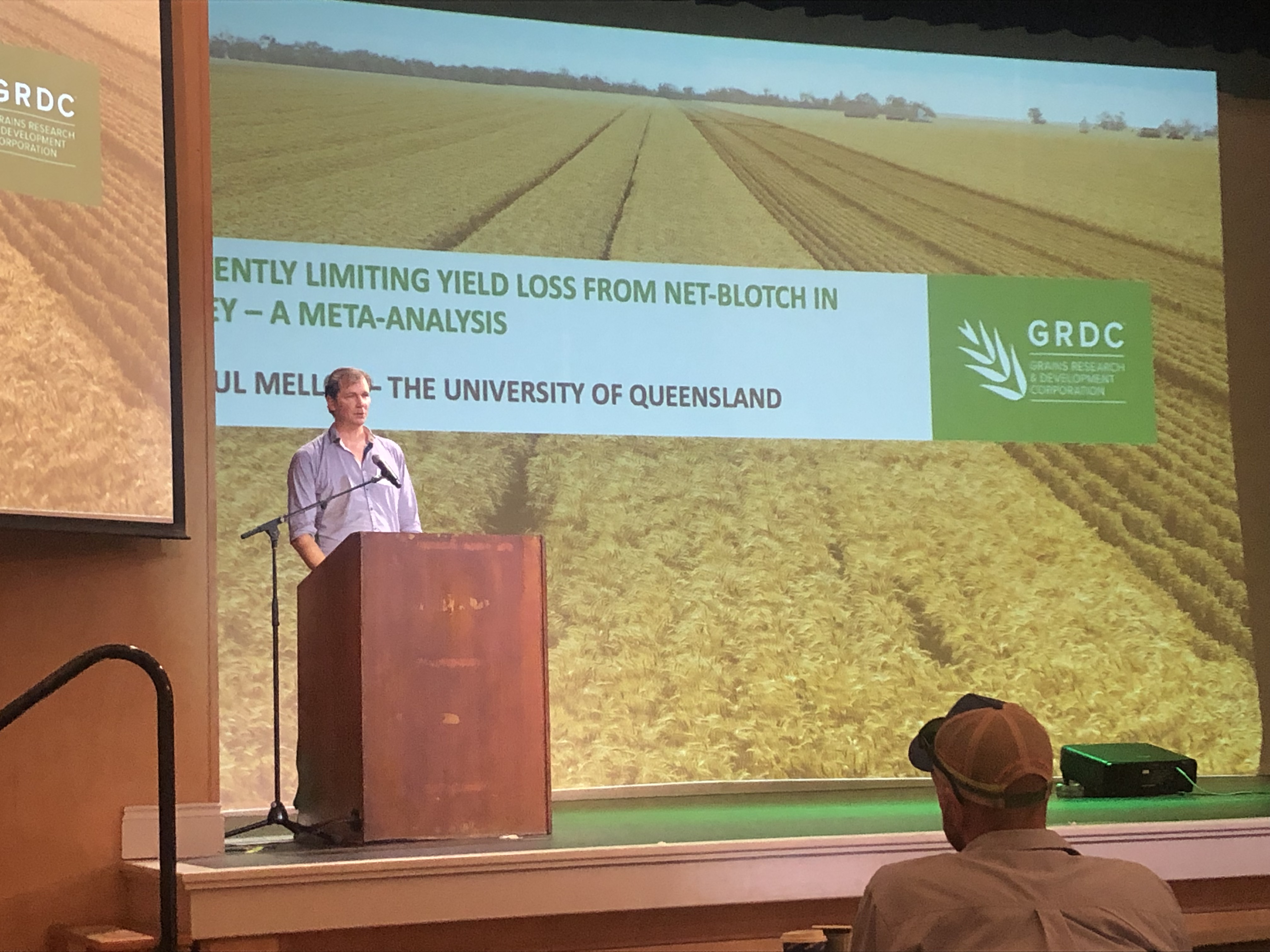 Presenting the findings from a meta-analysis of netblotch trials in barley at the Goodiwindi GRDC updates on 5th of March